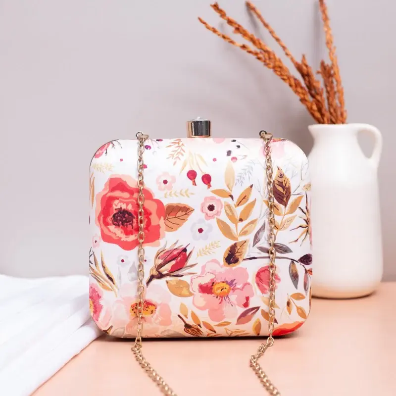 Women White Floral Printed Name Customised Clutch