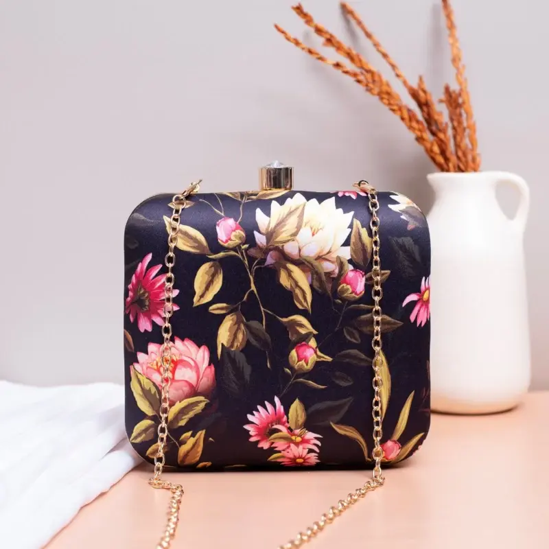 Women Black Leaf And Floral Printed Name Customised Clutch