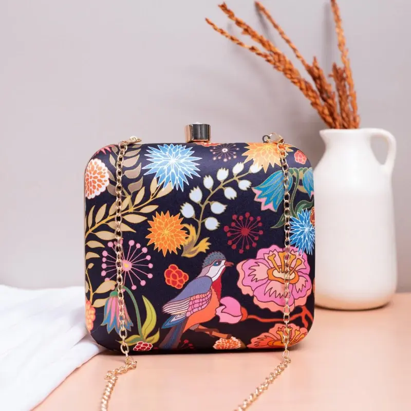 Women Black Bird And Floral Printed Name Customised Clutch