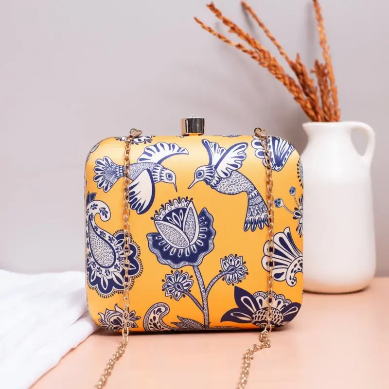 Woman Yellow Birds And Floral Printed Name Customised Clutch