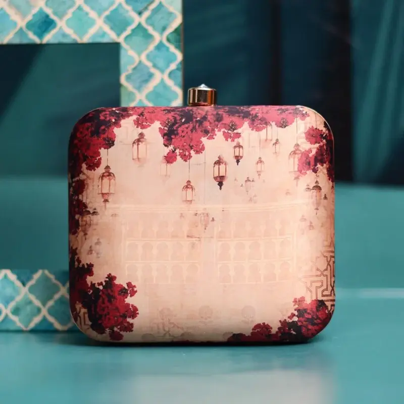 Woman Beige And Red Floral Printed Clutch