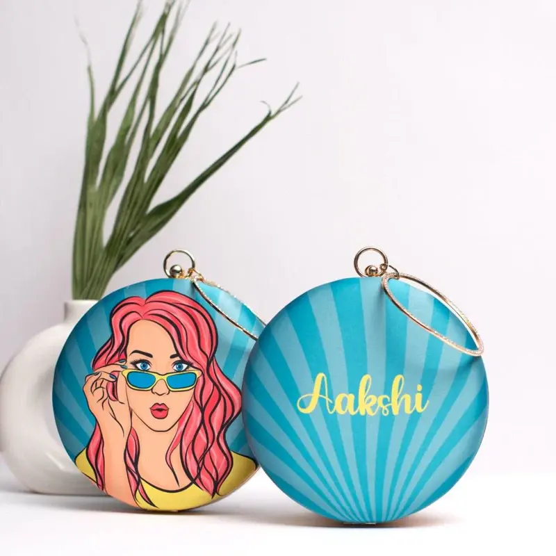 Woman Sky Blue Round Customised Name Clutch