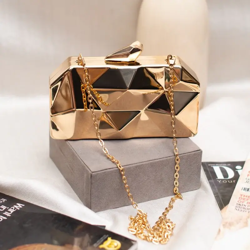 Women Metallic Gold Hexagon Metal Clutch