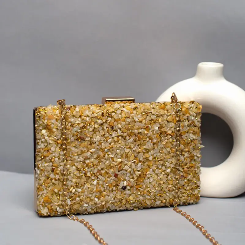 Women Gold Gravel Stone Metallic Evening Clutch