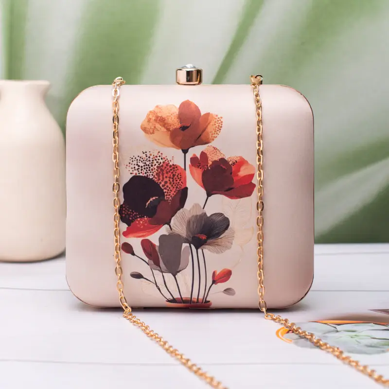 Woman Abstract Red–Brown Floral Portrait Clutch