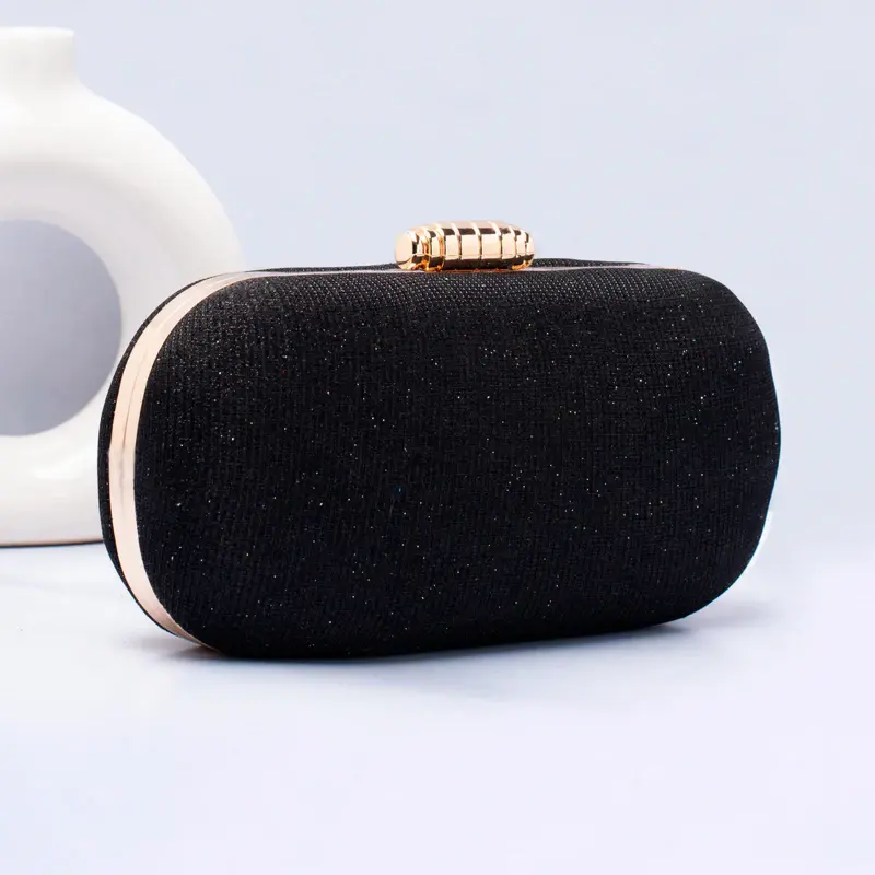 Woman Black Based Shiny Fabric Capsule Shaped Clutch