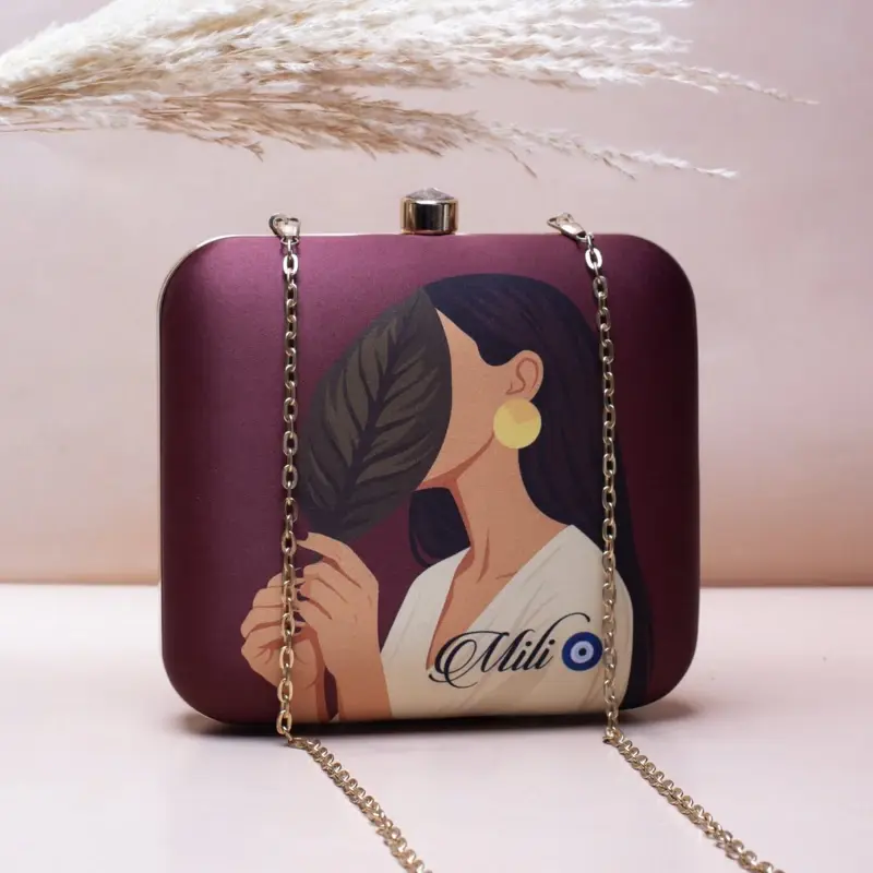 Women Dark Brown Asthetic Girl Portrait Printed Name Customised Clutch
