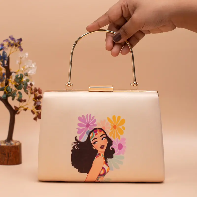 Woman Multicolored Flowers With Girl Printed Clutch