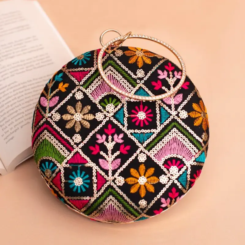 Woman Black Based Multicolored Thread And Sequins Embroidery Clutch