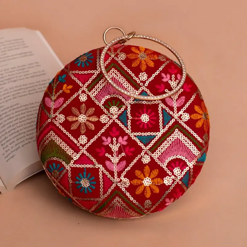 Woman Red Based Multicolored Thread And Sequins Embroidery Clutch