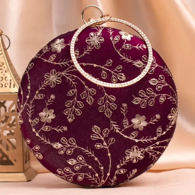 Woman Wine Based Sequins Embroidery Clutch
