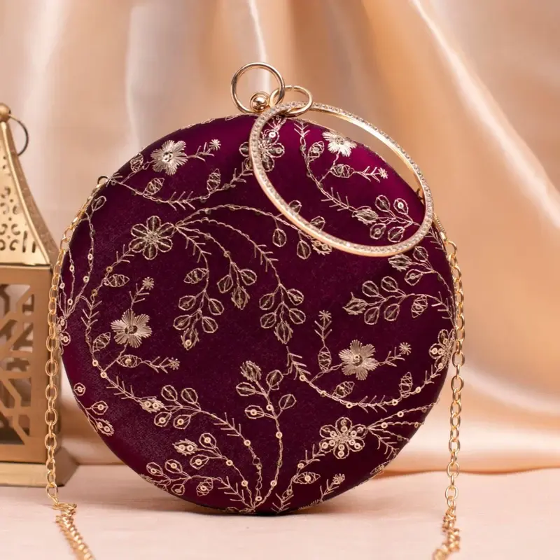 Woman Wine Based Sequins Embroidery Clutch