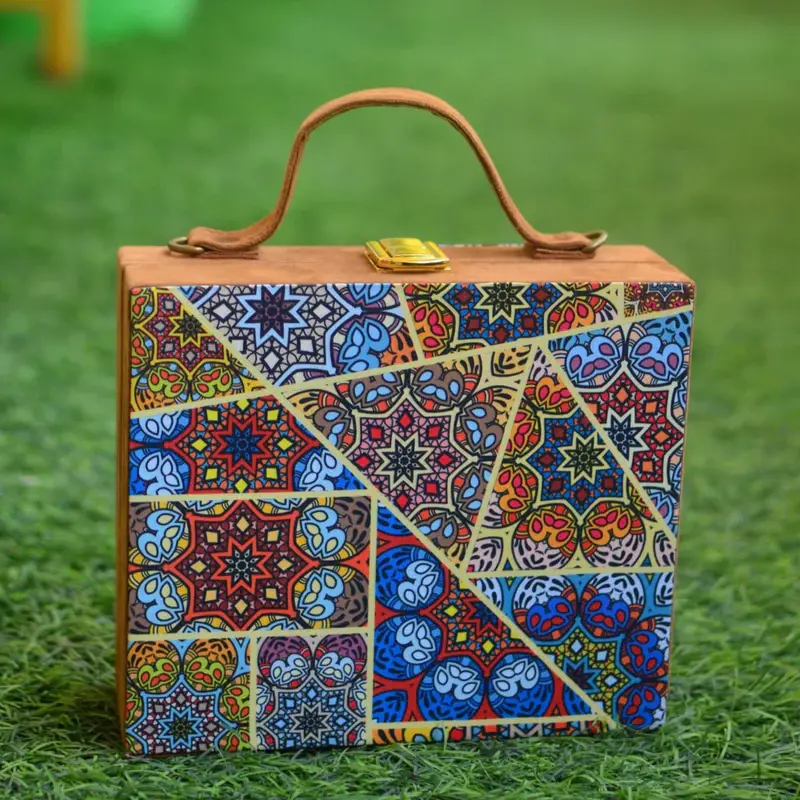 Woman Moroccan Tiles Printed Suitcase Style Clutch