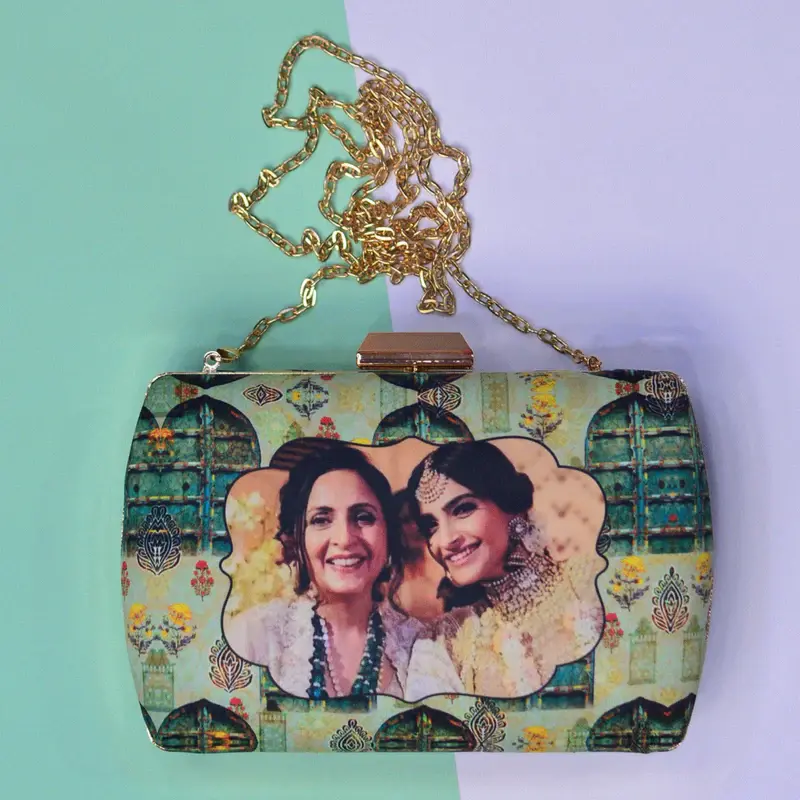 Women Customised Mother's Day Green Printed Clutch