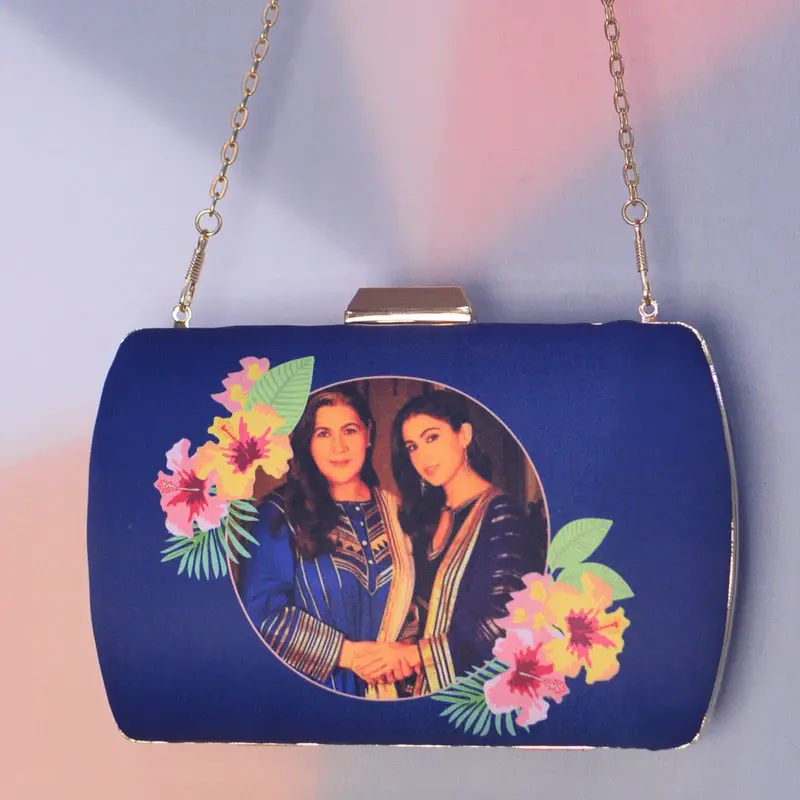 Women Mother's Day Flower Blue Printed Clutch