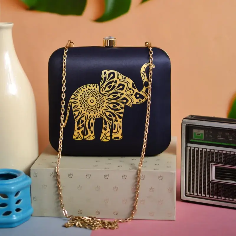 Women Black Mandala Elephant Printed Clutch Bag