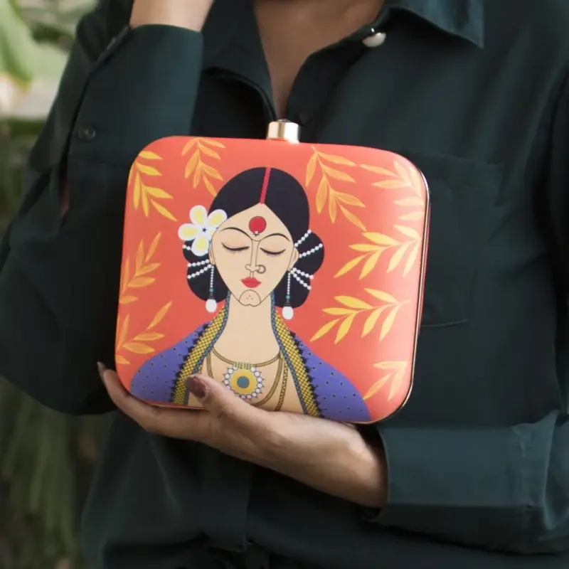 Women Pretty Indian Lady Printed Clutch Bag