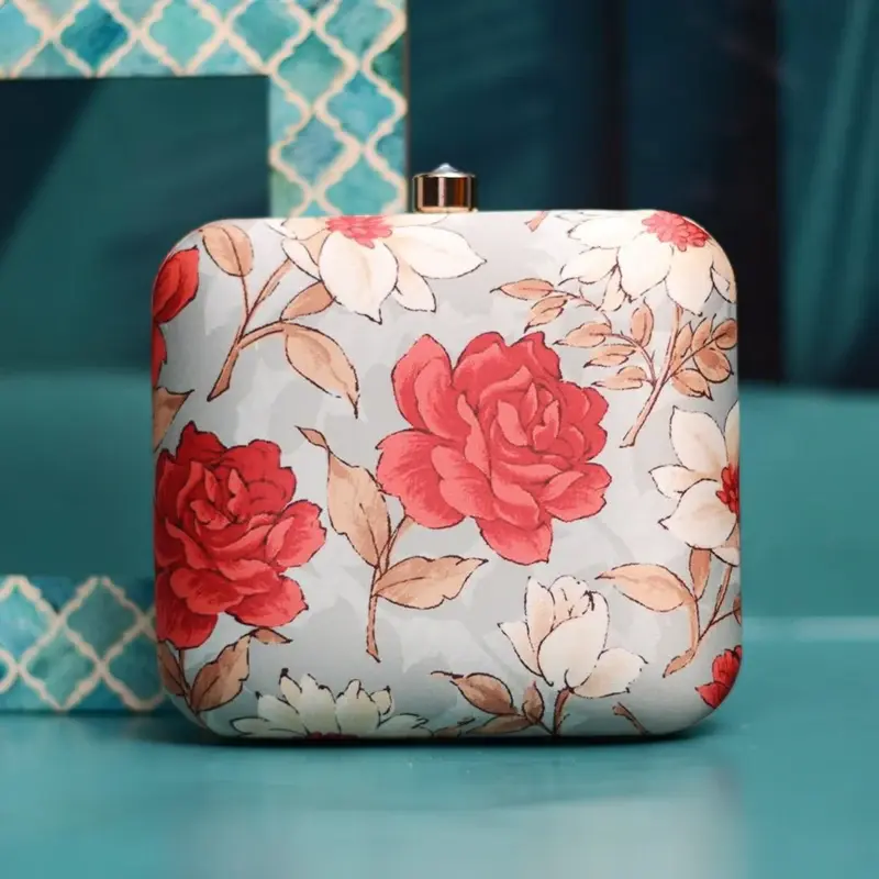 Woman Red Floral Printed Clutch