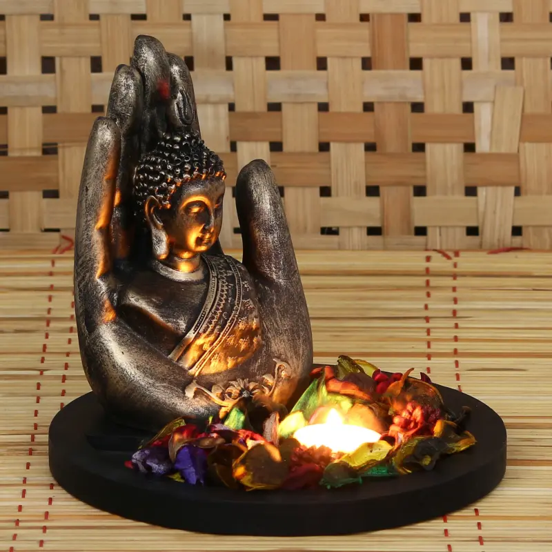 Polyresin Black and Brown Handcrafted Palm Buddha Statue with Wooden Base, Fragranced Petals and Tealight