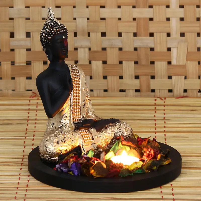 Polyresin Black and Golden Meditating Blessing Buddha Statue with Wooden Base, Fragranced Petals and Tealight
