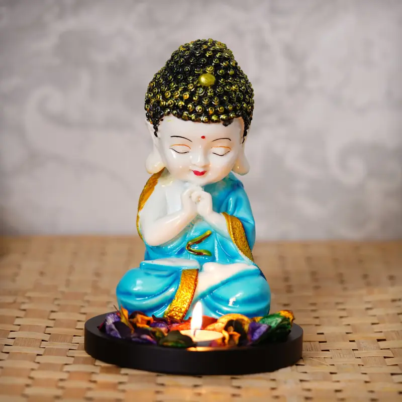 Polyresin Blue and White Praying Monk Buddha Statue with Wooden Base