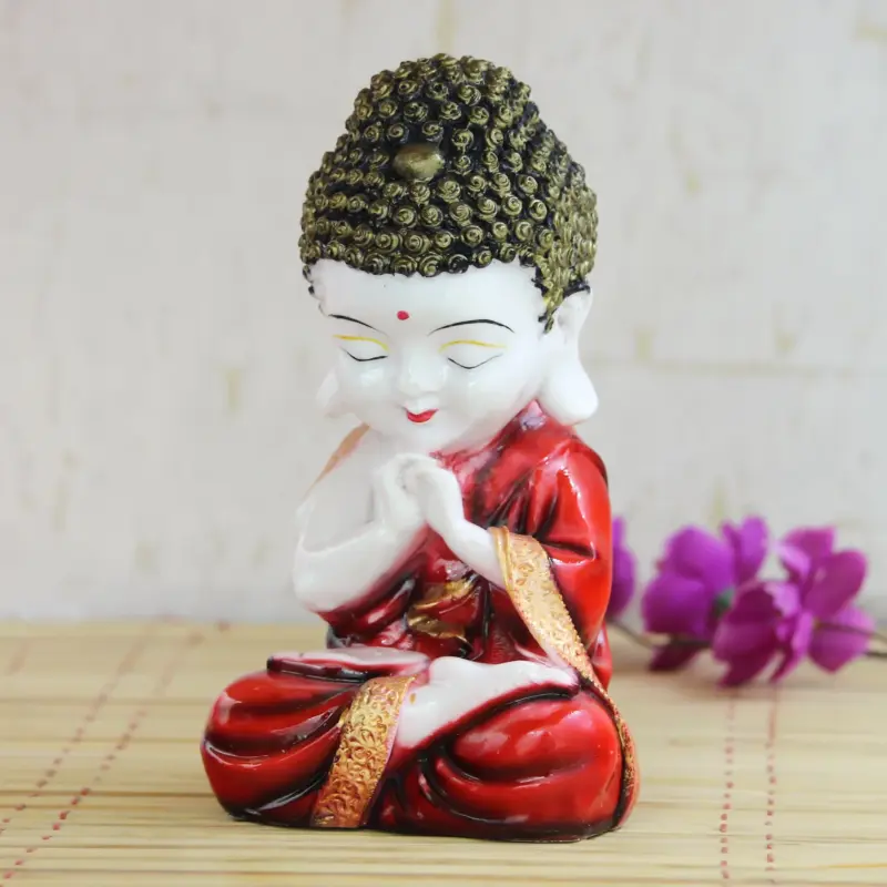 Polyresin Red and White Praying Monk Buddha Statue with Wooden Base