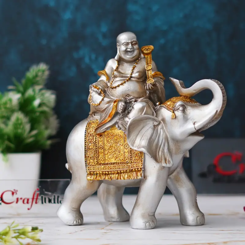 Silver & Golden Laughing Buddha Statue Seating on Elephant Figurine