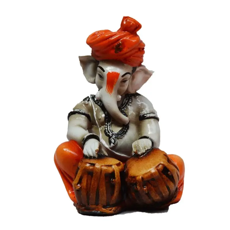 Orange Polyresin Lord Ganesha Playing Tabla Idol