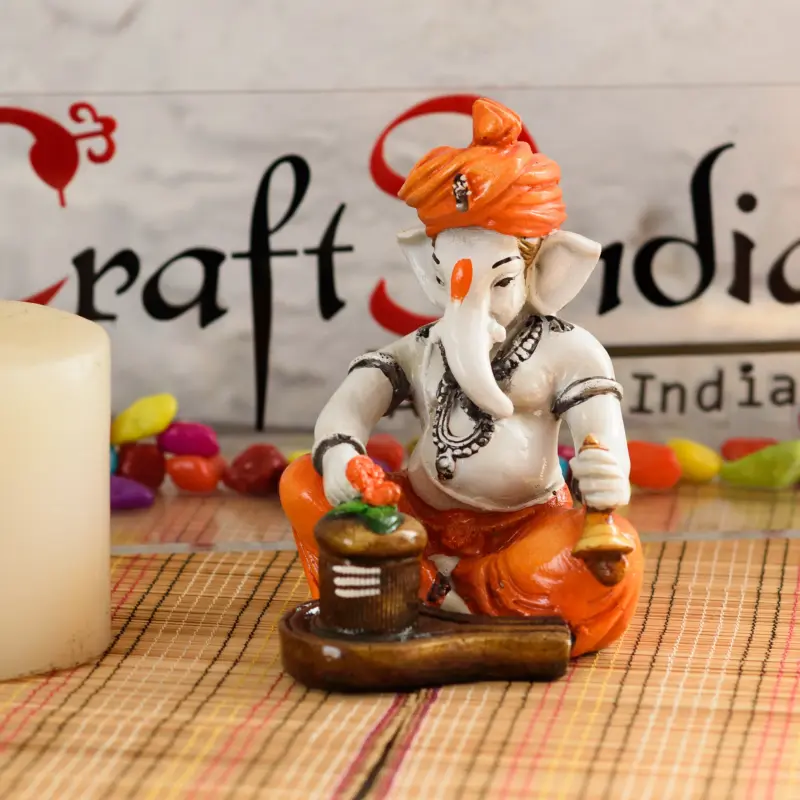 Orange Polyresin Lord Ganesha Idol Worshipping Lord Shiv Pooja