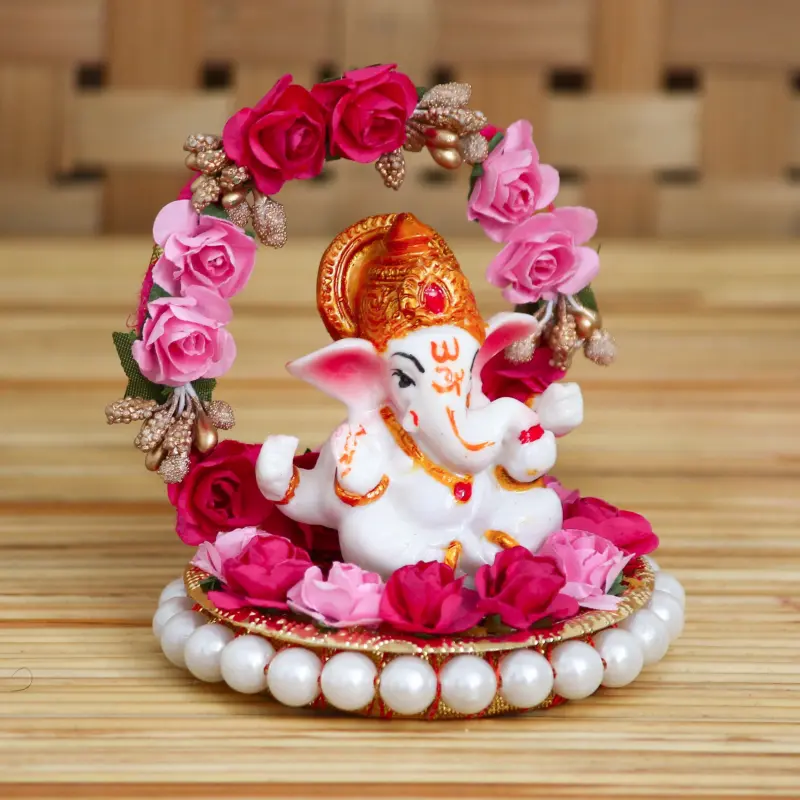 Polyresin Lord Ganesha Idol on Decorative Handcrafted Plate with Throne of Pink and Red Flowers