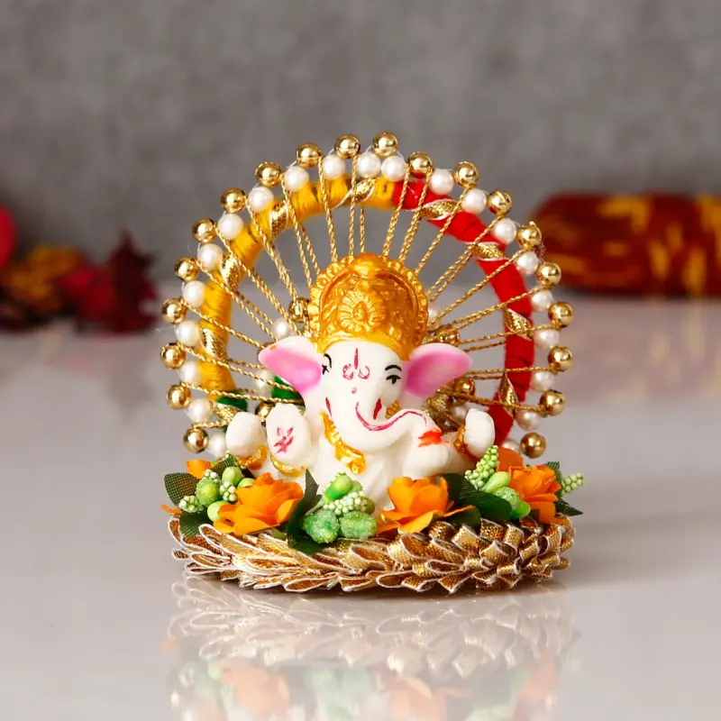 Lord Ganesha Idol On Floral Handicrafted Plate For Home/Temple/Office/Car Dashboard