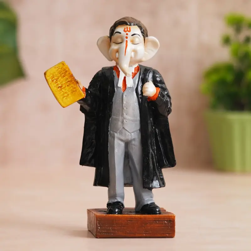 Black, Grey, & Orange Polyresin Handcrafted Lawyer Lord Ganesha Idol
