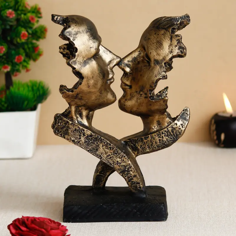 Golden Polyresin Antique Finish Half Face Woman and Man Kissing Each Other Handcrafted Decorative Couple Showpiece