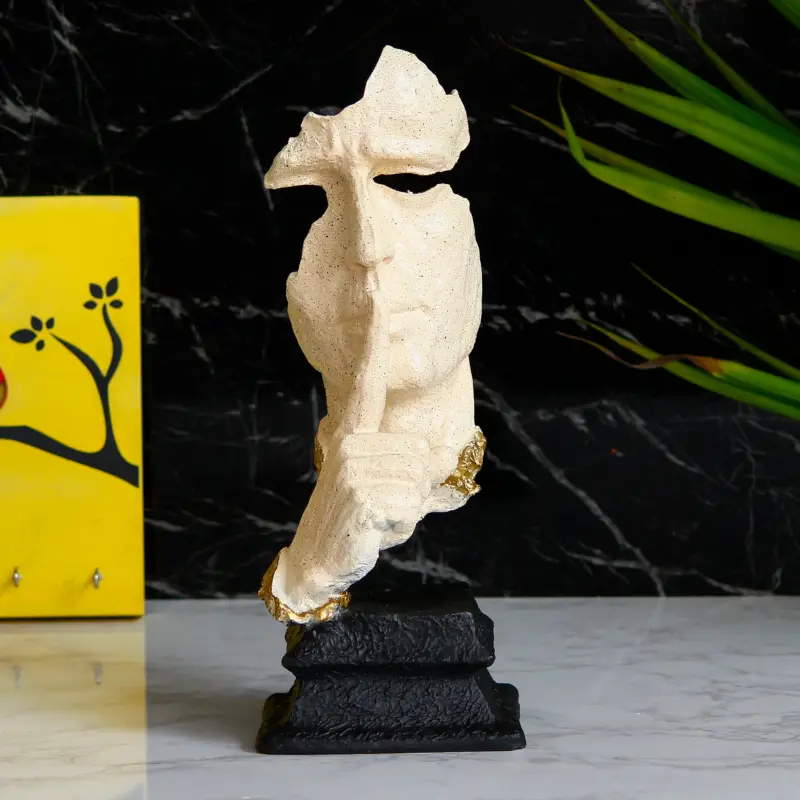 White Polyresin Antique Finish man with finger on lips Handcrafted Decorative Showpiece