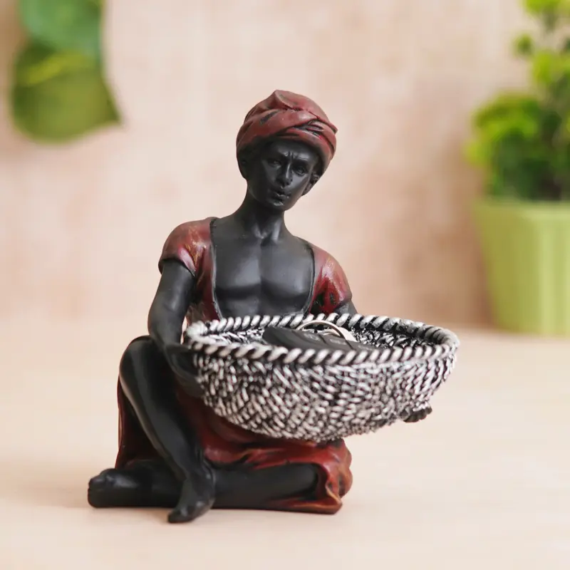 Red Black Polyresin Sitting Man Statue Carrying Basket in Hands Human Figurine Decorative Showpiece