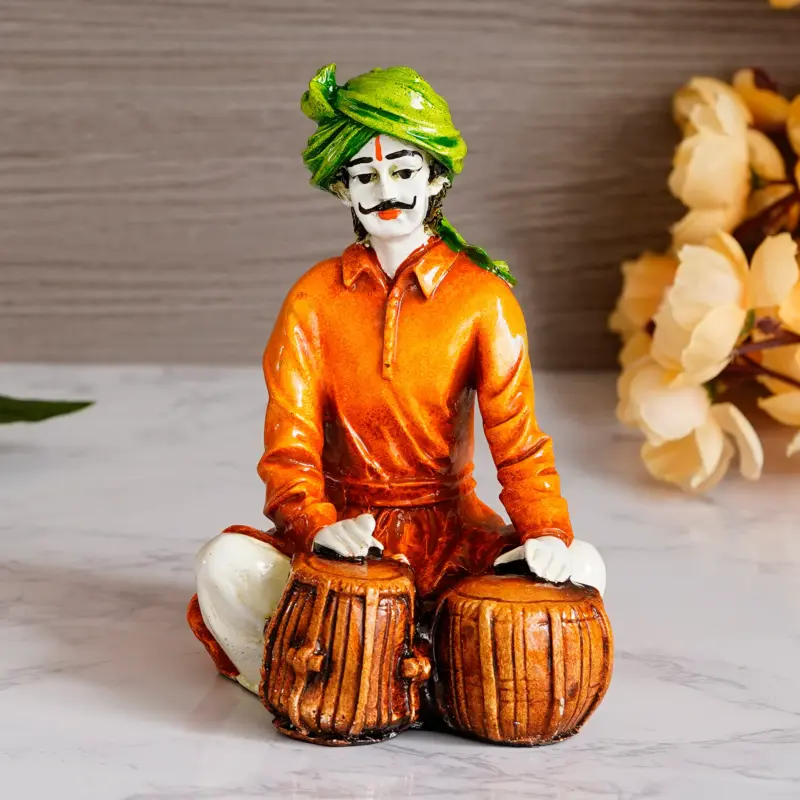 Polyresin Rajasthani Musician Men Statue Playing Tabla Human Figurines Home Decor Showpiece