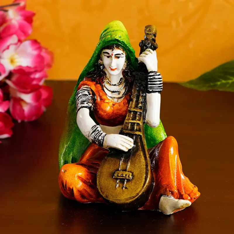 Polyresin Rajasthani Women Statue Playing Sitar Human Figurine Decorative Showpiece
