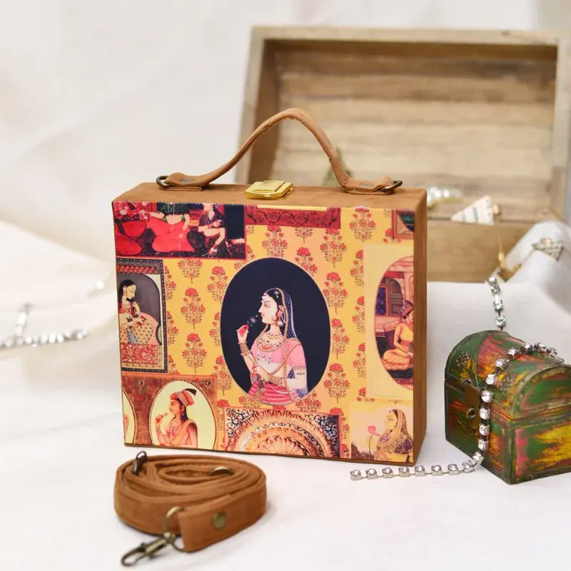Women Mughal Empress Printed Suitcase Style Clutch Bag
