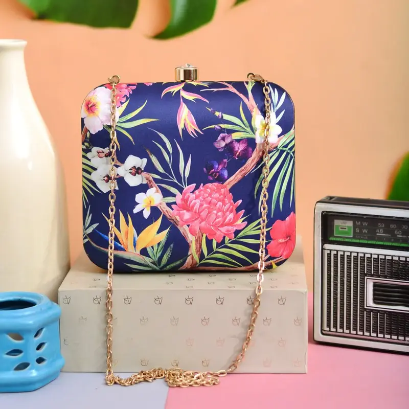 Women Dark Blue Floral Printed Clutch