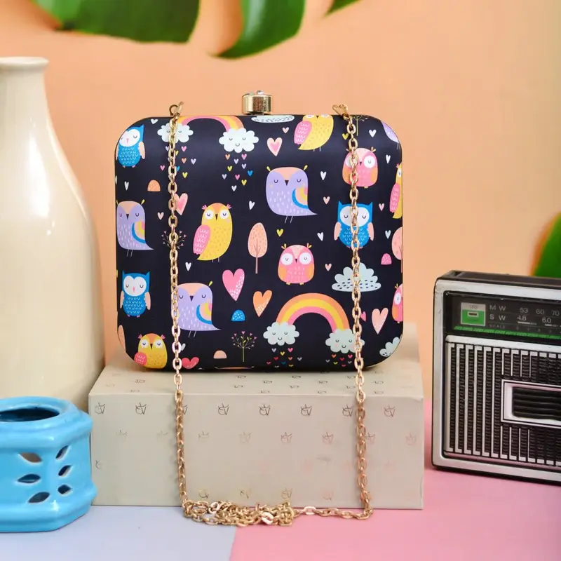 Women Owl Printed Square Clutch