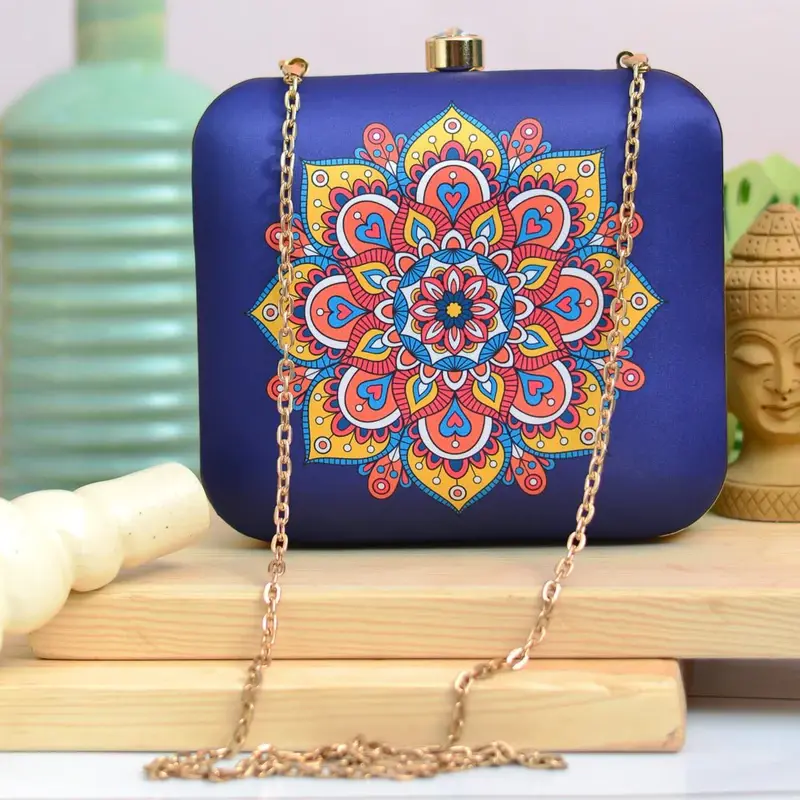 Woman Royal Blue Mandala Printed Clutch