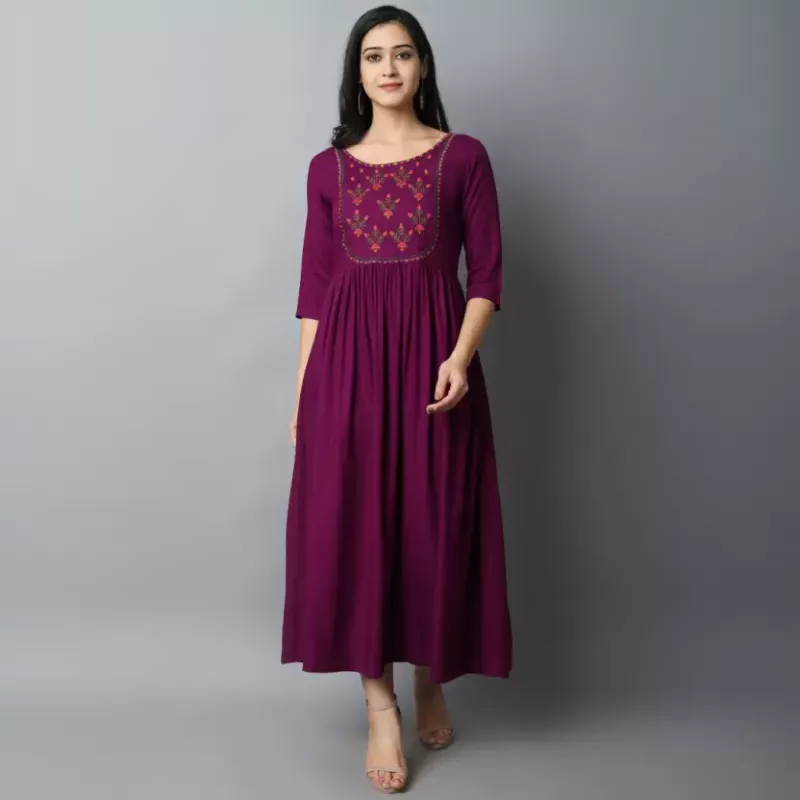 Women Embroidered Viscose Rayon A-line Kurta  (Maroon)