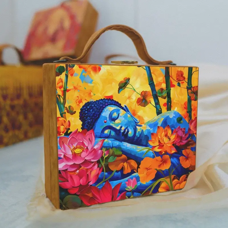 Woman Floral Budhha Printed Suitcase Style Clutch