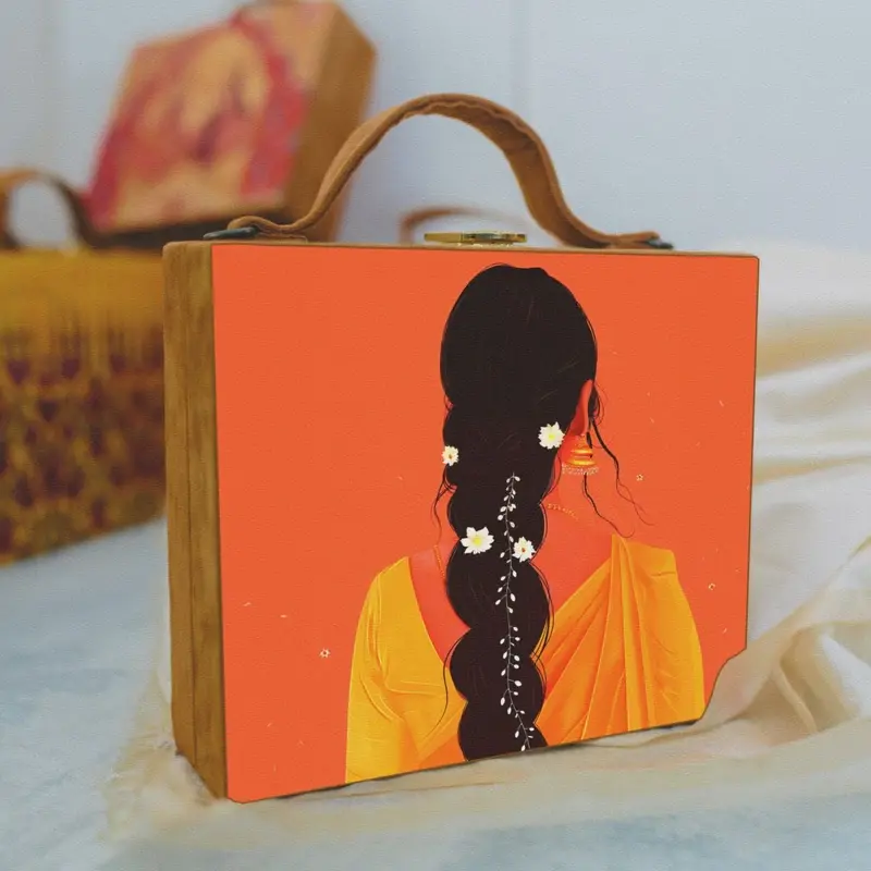 Woman Orange Saree Girl Printed Suitcase Style Clutch