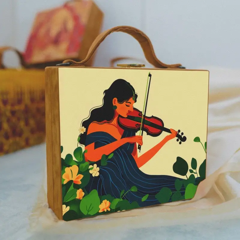 Woman Violin Girl Printed Suitcase Style Clutch