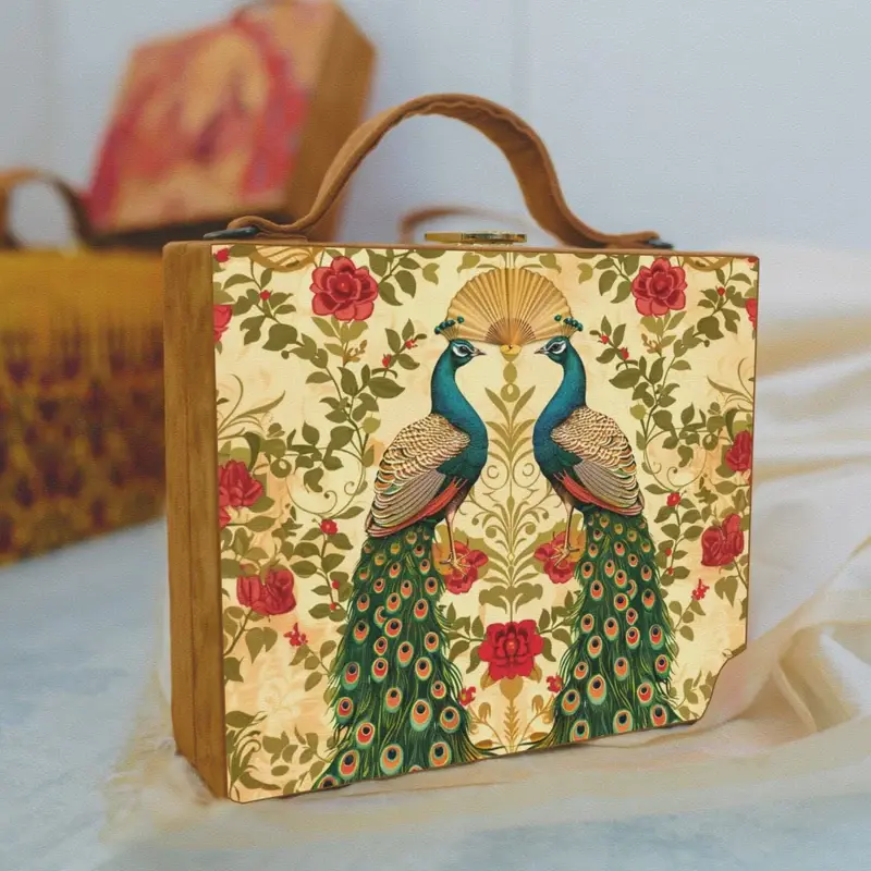 Women Floral Peacock Printed Suitcase Style Clutch