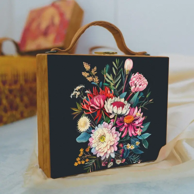 Women Black Floral Printed Suitcase Style Clutch
