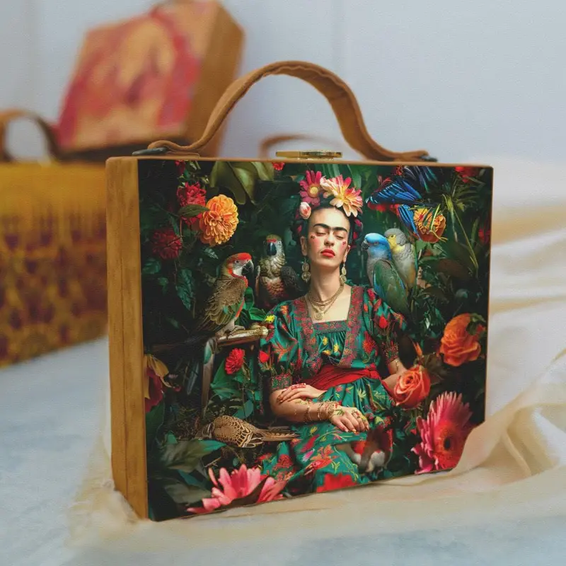 Women Frida Kahlo Printed Suitcase Style Clutch