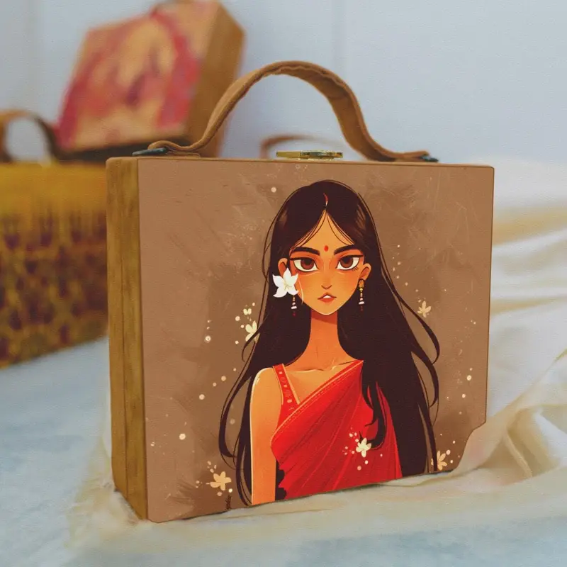 Woman Saree Girl Printed Suitcase Style Clutch