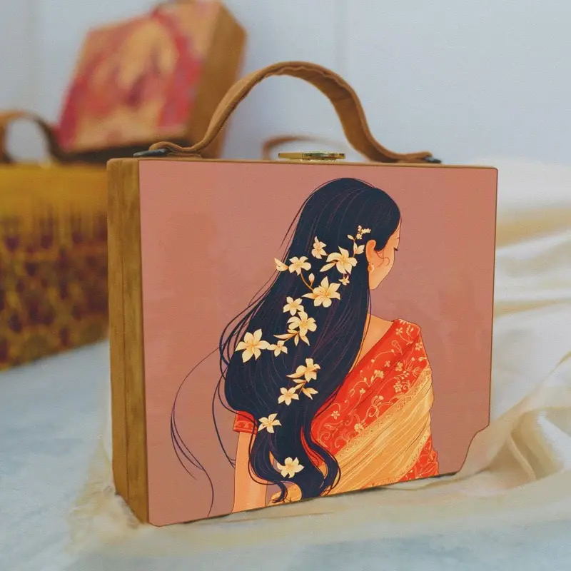 Women Floral Hair Girl Printed Suitcase Style Clutch